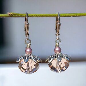 Stunning Peach Rondelle Crystal with Decorative Silver Bead Cap Earrings